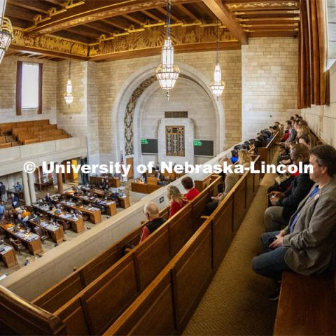 Students and faculty who attended I Love NU Day gather on the balcony in the Nebraska State Capitol to be recognized by Nebraska's Legislature. March 6, 2024. Photo by Kristen Labadie / University Communication.